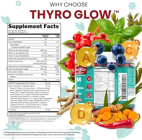 Gomitas de Soporte para Tiroides ThyroGlow con Selenio, Yodo, KSM 66 Ashwagandha, L-Tirosina, Vitaminas D, C, B12, B6, Cúrcuma, Arándano, Albahaca - imagen 5