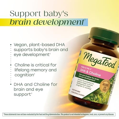 MegaFood Baby & Me 2 Vitaminas Prenatales para Mujeres, Suplementos de DHA y Colina, 60 Cápsulas Veganas para el Desarrollo del Cerebro y Ojos del - imagen 4