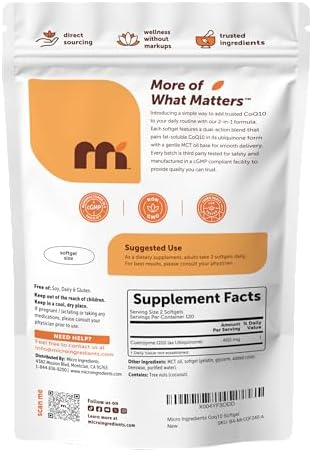Micro Ingredients CoQ10 400 mg por porción, 240 cápsulas blandas | Hecho con aceite MCT de coco | Coenzima Q10 (Ubiquinona) | Sin OGM - imagen 7