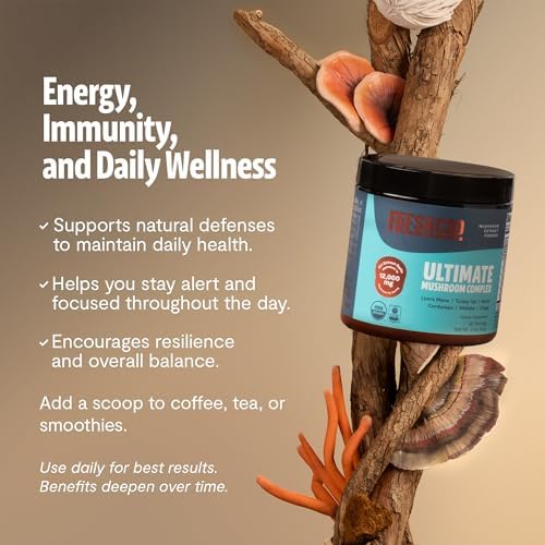 FreshCap Mushrooms Complejo de Hongos Ultimate – Extracto en Polvo 12:1 de Cuerpo Frutal con 29% de Beta-Glucanos – Energía Limpia Ayurveda, Sin - imagen 4
