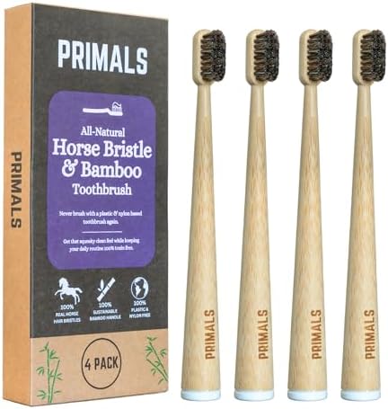 Cepillo de Dientes PRIMALS de Cerdas de Caballo y Bambú (Paquete de 4) - Suave y Lujoso - 100% Biodegradable - Sin Plástico ni Nylon - Diseño de - imagen 1