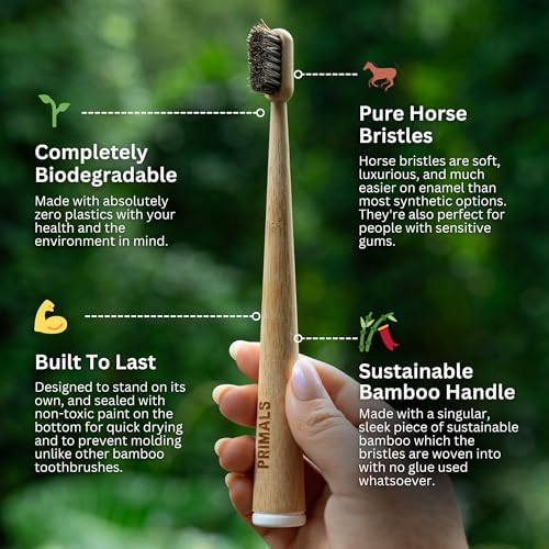 Cepillo de Dientes PRIMALS de Cerdas de Caballo y Bambú (Paquete de 4) - Suave y Lujoso - 100% Biodegradable - Sin Plástico ni Nylon - Diseño de - imagen 2
