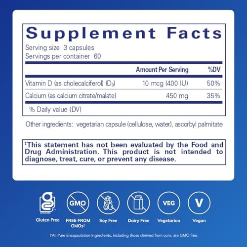 Calcio con Vitamina D3 de Pure Encapsulations | Suplemento Dietético para Huesos, Colon y Salud Cardiovascular* | 180 Cápsulas - imagen 2