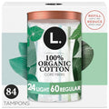 Tampones de Algodón L. Multipack con Absorbencia Ligera/Regular, Núcleo de Algodón Orgánico, Sin Pesticidas Sintéticos ni Fragancias, 84 Piezas - imagen 1