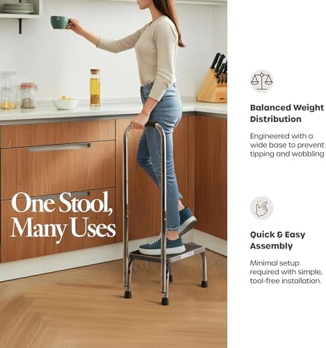 Escalera Plegable con Asa para Adultos y Personas Mayores, Estructura de Acero Cromado, Capacidad de 150 kg, Ideal para Hogar, Baño y Cocina - imagen 5