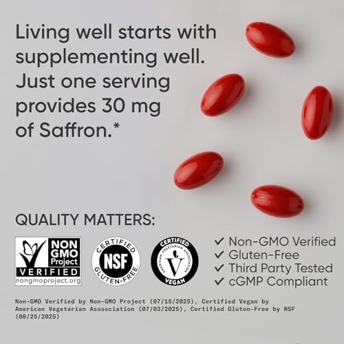 Suplemento de Azafrán Puro Sports Research®, 30 mg - Apoyo para el Ánimo y Estrés - Con Extracto de Azafrán Affron® - Vegano, No GMO, Sin Gluten - 60 - imagen 4