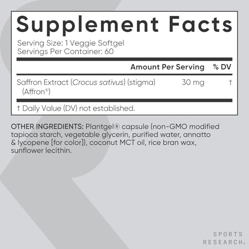 Suplemento de Azafrán Puro Sports Research®, 30 mg - Apoyo para el Ánimo y Estrés - Con Extracto de Azafrán Affron® - Vegano, No GMO, Sin Gluten - 60 - imagen 5