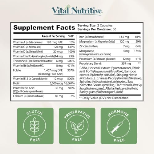 VITAL NUTRITIVE Complejo Vital para el Cabello - Vitaminas para el Crecimiento del Cabello para Mujeres y Hombres - Biotina y Vitamina B - Suplemento - imagen 8