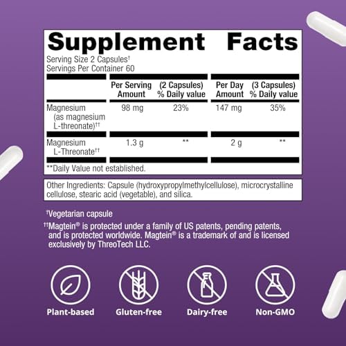 Metagenics Magnesio L-Treonato - Magtein para Salud Cerebral, Memoria y Aprendizaje - Forma Bioavailable Estudiada - No GMO, Sin Gluten, Vegano - 120 - imagen 5