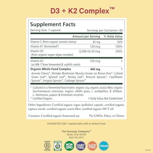 Complejo D3 + K2 de PURE SYNERGY | Suplemento Vegano de Vitamina D3 y K2 | 60 Cápsulas Orgánicas para Huesos, Cerebro e Inmunidad - imagen 2