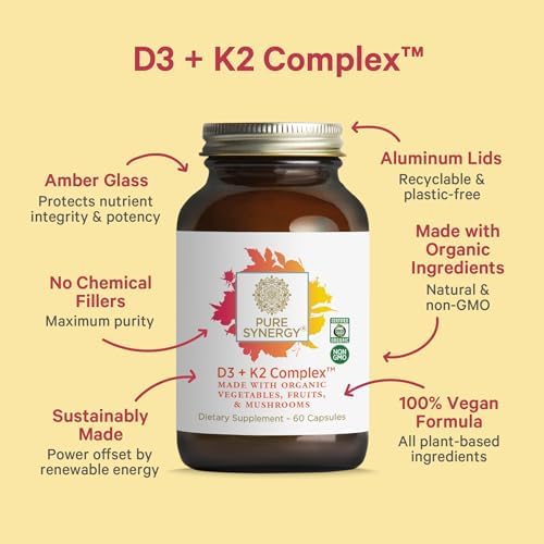 Complejo D3 + K2 de PURE SYNERGY | Suplemento Vegano de Vitamina D3 y K2 | 60 Cápsulas Orgánicas para Huesos, Cerebro e Inmunidad - imagen 3
