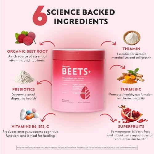 Natrava Beets+ Mezcla Orgánica de Polvo de Remolacha Fortificada con Vitaminas y Prebióticos para Energía Saludable del Corazón y Producción de Óxido - imagen 4
