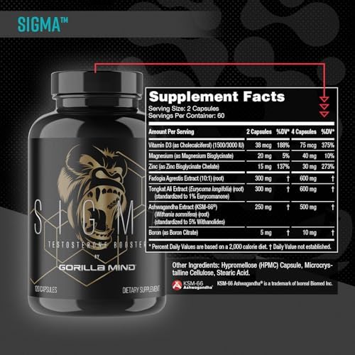 Gorilla Mind Sigma Aumento de Testosterona - Con Extracto de Tongkat Ali y Fadogia Agrestis para Niveles Óptimos de Testosterona (120 Cápsulas) - imagen 2