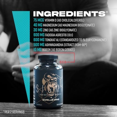 Gorilla Mind Sigma Aumento de Testosterona - Con Extracto de Tongkat Ali y Fadogia Agrestis para Niveles Óptimos de Testosterona (120 Cápsulas) - imagen 3