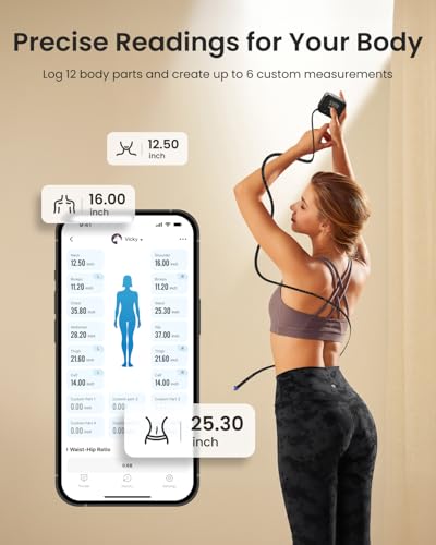 Cinta Métrica Inteligente RENPHO, Recargable con Pantalla LED, para Medidas Corporales y App de Pérdida de Peso, Retráctil, 60in/150cm, Negra - imagen 3