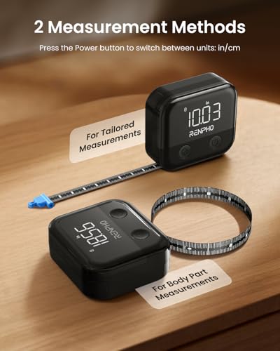Cinta Métrica Inteligente RENPHO, Recargable con Pantalla LED, para Medidas Corporales y App de Pérdida de Peso, Retráctil, 60in/150cm, Negra - imagen 7