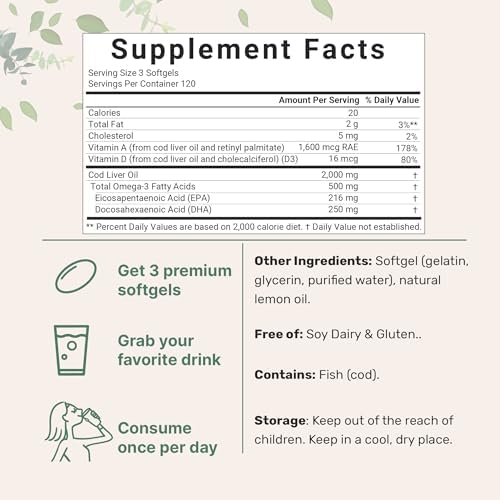 Aceite de Hígado de Bacalao 2,000mg por Porción, 360 Cápsulas Blandas | Sabor Limón Sin Eructos – Rico en Omega 3, Vitaminas A y D3, EPA, DHA | - imagen 2