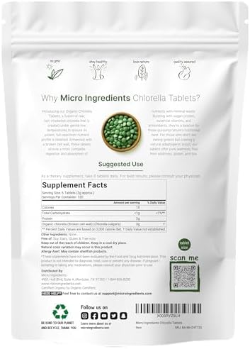 Tabletas de Chlorella Orgánica, 500mg por Tableta, 720 Tabletas (360 Gramos), Suministro para 4 Meses, Pared Celular Rota, Rica en Proteínas Veganas - imagen 2