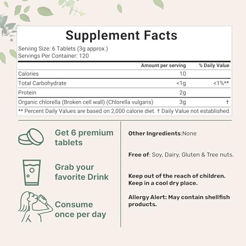 Tabletas de Chlorella Orgánica, 500mg por Tableta, 720 Tabletas (360 Gramos), Suministro para 4 Meses, Pared Celular Rota, Rica en Proteínas Veganas - imagen 3
