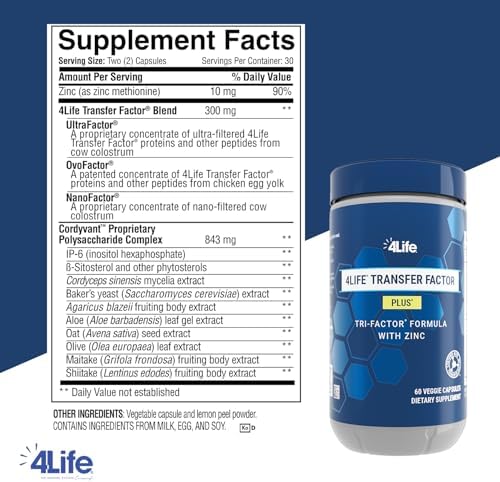 4Life - Transfer Factor Plus Zinc - Suplemento de Apoyo Inmunológico con Mezcla de Hongos, Calostro, Yema de Huevo, Péptidos - 60 Cápsulas Veganas - imagen 2