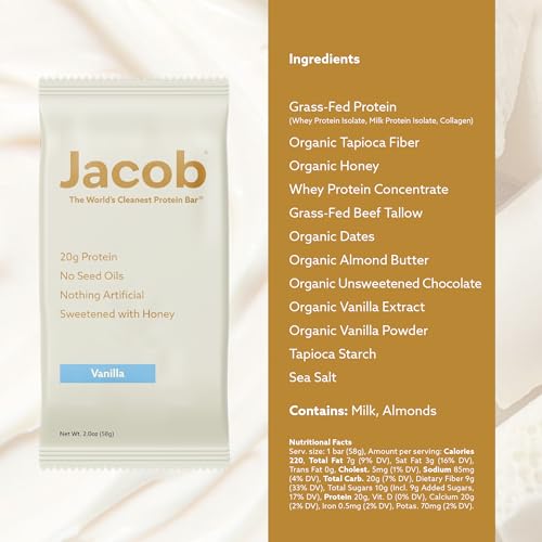 Jacob Bar, Barras de Proteína de Vainilla (9 Barras) - 20g de Proteína de Pastoreo, Sin Aceites de Semilla, Sin Ingredientes Artificiales - imagen 3