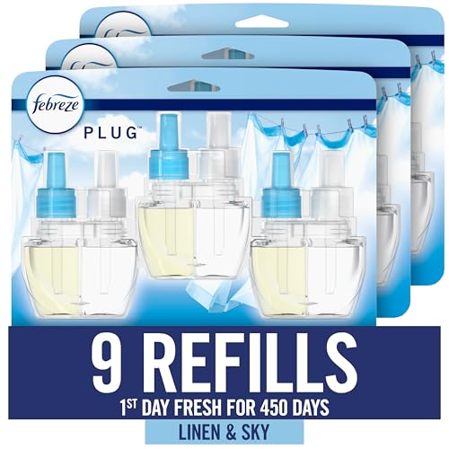 Recarga de Ambientador Febreze Plug In, Aceite Aromatizante para Hogar, Baño y Cocina, Aroma a Lino y Cielo, 0.87oz, Paquete de 9 - imagen 1