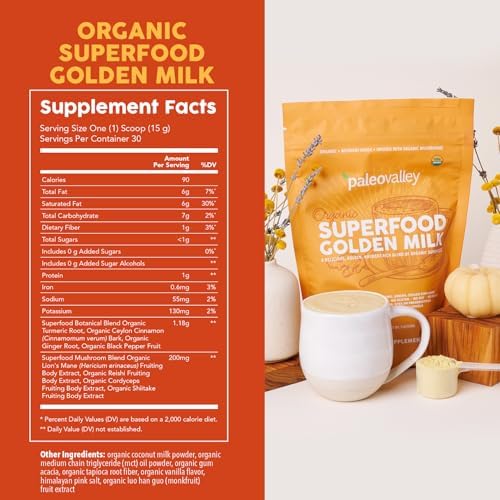 Paleovalley Leche Dorada Orgánica Superfood - Inmunidad, Enfoque, Cognición, Longevidad - Cúrcuma, Leche de Coco Rica en MCT, Hongos Funcionales, 30 - imagen 2