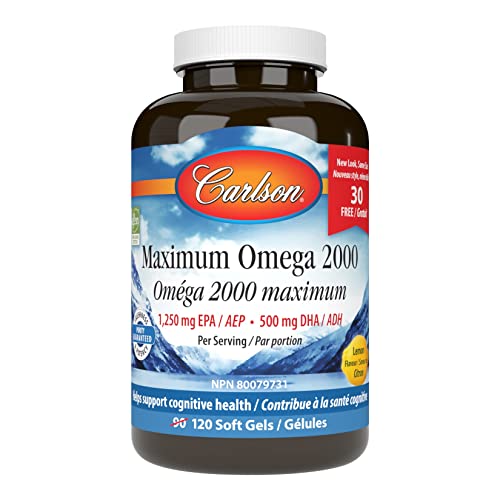 Carlson - Omega Máximo 2000, 2000 mg de Ácidos Grasos Omega-3 con EPA y DHA, Suplemento de Aceite de Pescado Noruego, 90+30 Cápsulas Blandas de Limón - imagen 2