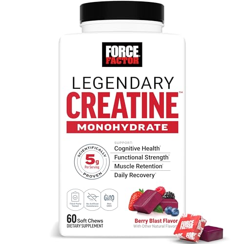 Force Factor Legendary Creatine Chews, 5g de Creatina Monohidratada, Aumenta Masa Muscular, Mejora Fuerza y Recuperación, Sin Azúcar, Sabor Berry - imagen 2
