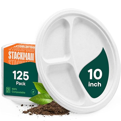 Platos Desechables de Papel Compostables 100%, 3 Compartimentos [10 Pulgadas] - Paquete de 125 Bandejas para Almuerzo + Divisores - Platos Divididos - imagen 1