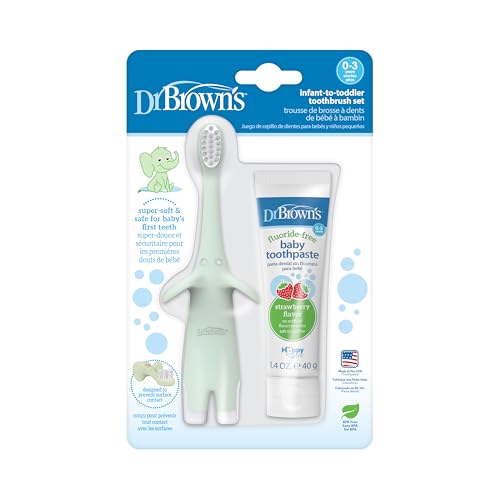 Set de Cepillos de Dientes para Bebés y Niños Pequeños Dr. Brown's, Elefante Menta con Pasta Dental de Fresa Sin Flúor, 0-3 años - imagen 2