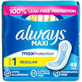 Always Maxi Toallas Femininas Sin Alas para Mujer, Tamaño 1, Absorbencia Regular, Sin Fragancia, Paquete de 48 unidades - imagen 1