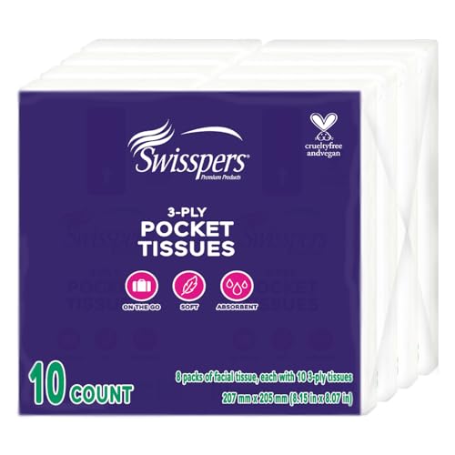 Pañuelos Swisspers Pocket, 3 capas, blancos, absorbentes y resistentes, 10 pañuelos por paquete, 8 paquetes (80 pañuelos en total) - imagen 2