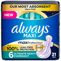 Toallas Femininas Always Maxi Nocturnas con Alas para Mujer, Tamaño 6, Absorción Ultra Pesada, Sin Fragancia, Protección 100% Contra Filtraciones, 21 - imagen 1