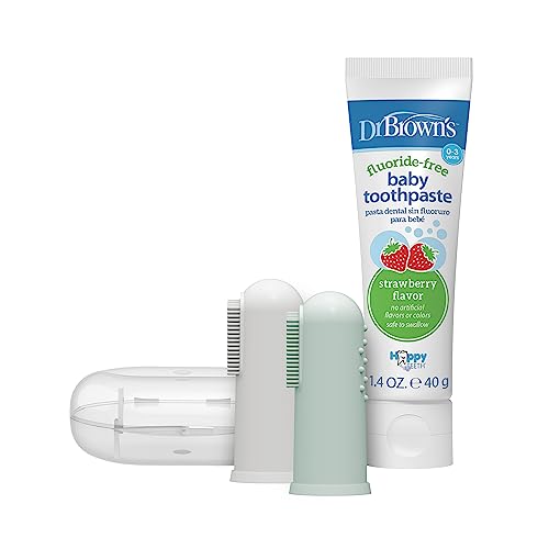 Set de Cepillos de Dientes y Pasta Dental Dr. Brown's para Bebés, 2 Piezas, con Estuche, Pasta Dental Sin Flúor Sabor Fresa, Gris y Verde Claro - imagen 1