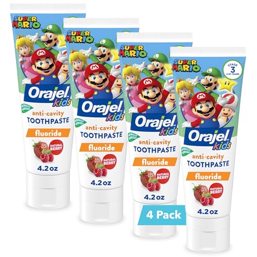 Pasta de Dientes Anti-Caries para Niños Orajel Super Mario, Sabor Natural a Baya, 4.2oz, Paquete de 4 Tubos - imagen 1