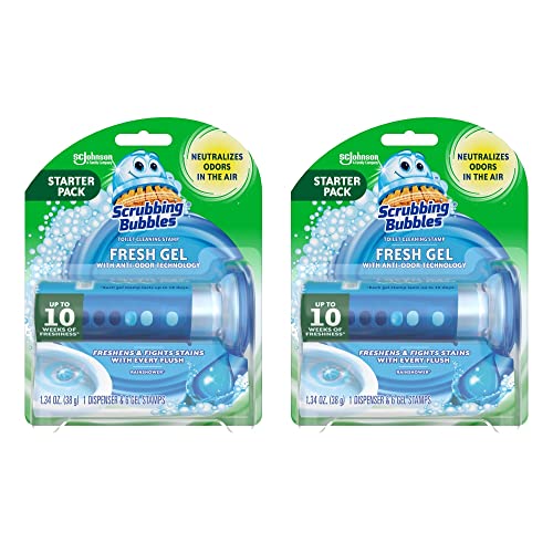 Sellos de Gel Limpiador para Inodoro Scrubbing Bubbles Fresh, Previene Manchas y Sarro, Aroma de Lluvia, 1 Dispensador con 6 Sellos (Paquete de 2) - imagen 3