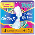 Always Radiant Teen con almohadillas FlexFoam, Tamaño 4, Absorbencia nocturna, con alas, sin fragancia, hasta cero filtraciones, 18 piezas - imagen 1