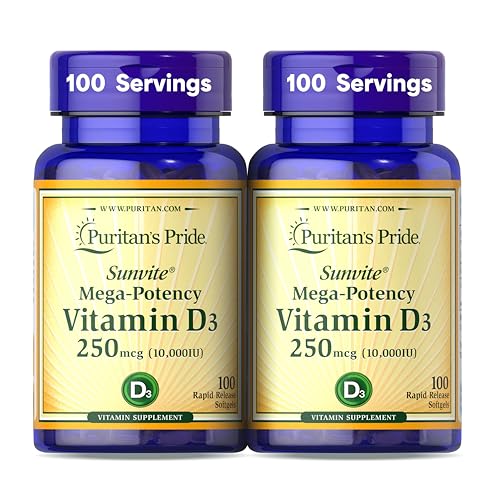 Suplemento Dietético Puritan's Pride Premium Sunvite™ Vitamina D3 Mega Potente 10,000 UI, 100 Cápsulas Blandas de Liberación Rápida para Huesos, - imagen 5