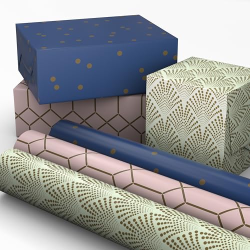 Papel de Regalo Elegante Hallmark Mini Rollos, Paquete de 3 (Art Deco Dorado, Geométrico Rosa, Azul Marino) - 60 Pies Cuadrados para Cumpleaños, - imagen 4