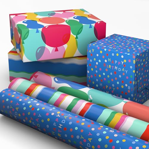 Papel de Regalo de Cumpleaños Hallmark, Mini Rollos 3-Pack (Rayas Arcoíris, Globos Coloridos, Lunares sobre Azul) - 60 Pies Cuadrados para - imagen 2