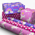 Papel de Regalo para Niños Hallmark, Mini Rollos de 3 Piezas (Unicornios, Arcosíris en Morado, Rosa con Lunares Blancos) - 60 Pies Cuadrados Total - imagen 1