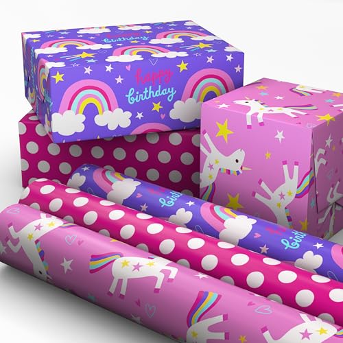 Papel de Regalo para Niños Hallmark, Mini Rollos de 3 Piezas (Unicornios, Arcosíris en Morado, Rosa con Lunares Blancos) - 60 Pies Cuadrados Total - imagen 4