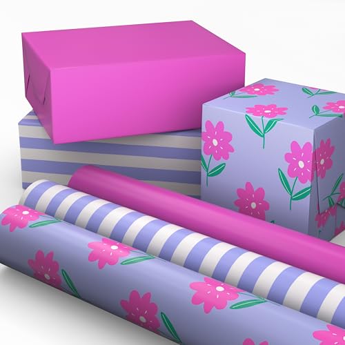 Papel de Regalo para Cumpleaños Image Arts Mini Rollos, 3-Pack (Flores Rosas sobre Púrpura, Rosa Sólido, Rayas Púrpuras y Blancas) - 27 Pies - imagen 3