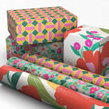 Papel de Regalo Floral Hallmark Mini Rollos, 3 Paquetes (Flores Rosas, Naranjas y Amarillas sobre Teal, Geométrico Verde y Rosa) - 60 Pies Cuadrados - imagen 1
