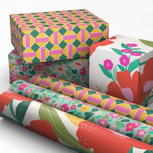 Papel de Regalo Floral Hallmark Mini Rollos, 3 Paquetes (Flores Rosas, Naranjas y Amarillas sobre Teal, Geométrico Verde y Rosa) - 60 Pies Cuadrados - imagen 4