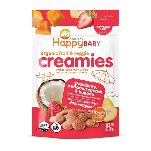 Happy Baby Organic Creamies Snacks de Frutas, Verduras y Crema de Coco, con Fresa, Calabaza y Plátano, para Bebés que Gatean, Bolsa de 28 g - imagen 1