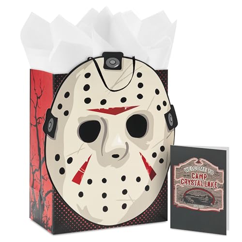 Bolsa de Regalo de Halloween Hallmark para Viernes 13 con Papel de Seda y Tarjeta de Felicitación (Máscara de Jason, Bienvenido al Campamento Crystal - imagen 3