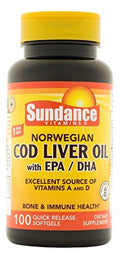 Aceite de Hígado de Bacalao Noruego Sundance | 100 Cápsulas Blandas | Con EPA y DHA | Buena Fuente de Vitaminas A y D | Suplemento Sin OGM y Sin - imagen 1
