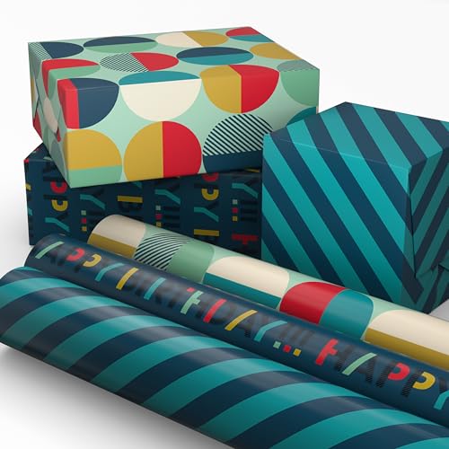 Papel de Regalo Hallmark para Cumpleaños, Mini Rollos de 3 Piezas (Rayas Azul Marino y Verde, Círculos Naranjas y Amarillos) - 60 Pies Cuadrados - imagen 3